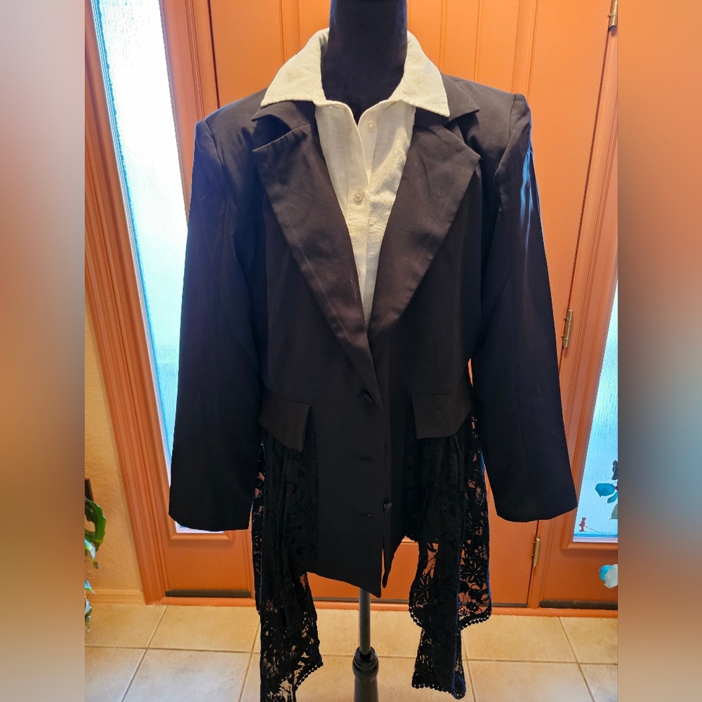 The Pyramid Collection Black Blazer with Lace Hem